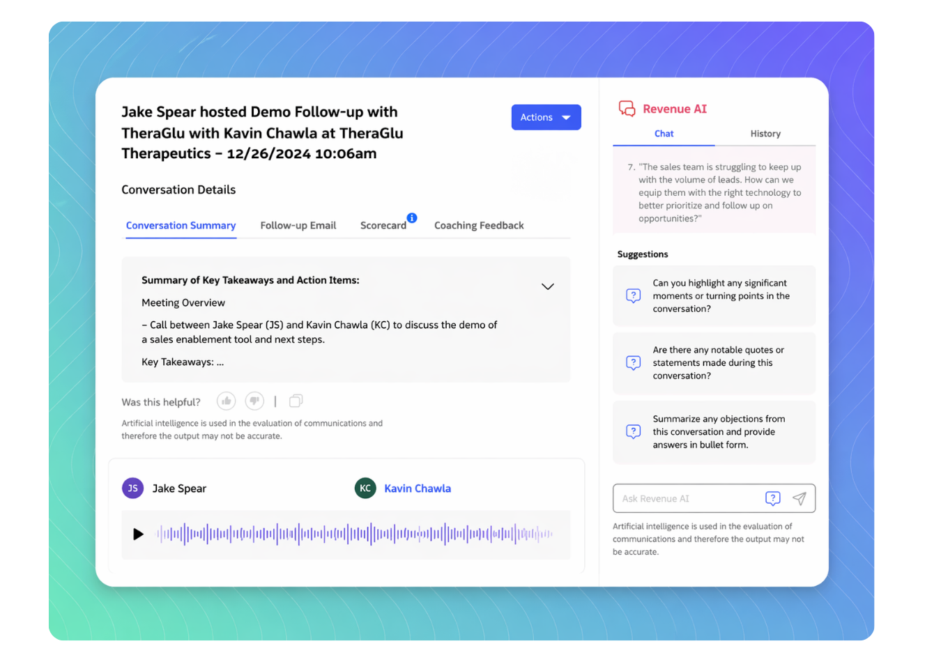 revenue.io's conversation intelligence meeting screen